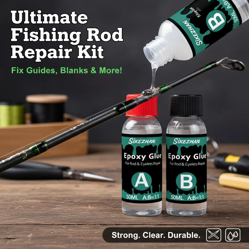 Sikezhan Fishing Rod Repair Kit, 100ML Transparent Epoxy Resin Glue, UV Resistant, Waterproof, Strong Adhesion, Includes Mixing Cup, Syringe, Gloves
