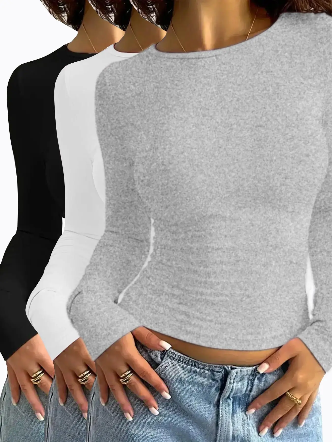 Women's Solid Round Neck Long Sleeve Slim Fitted Tee, Casual Minimalist Basic Style T-shirt for Daily Wear, Ladies Clothes for All Seasons, Cute Tops, Casual Wear Clothing, Women's T Shirts, Womenswear, Everyday Tshirt, Fabric, Casual Fashion Top