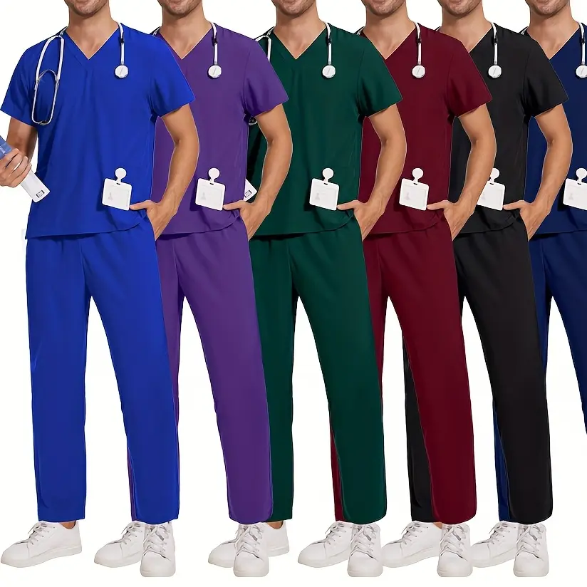 2026 Summer Men And Women Same V-Neck Basic Solid Color Quick-Drying Fabric Thin Work Clothes Washing Clothes Two-Piece Set Directional Fashion Clinical Medical Scrubs Set For Men Hospital Workwear Nurse Accessories Dental Workwear Scrubs Doctor