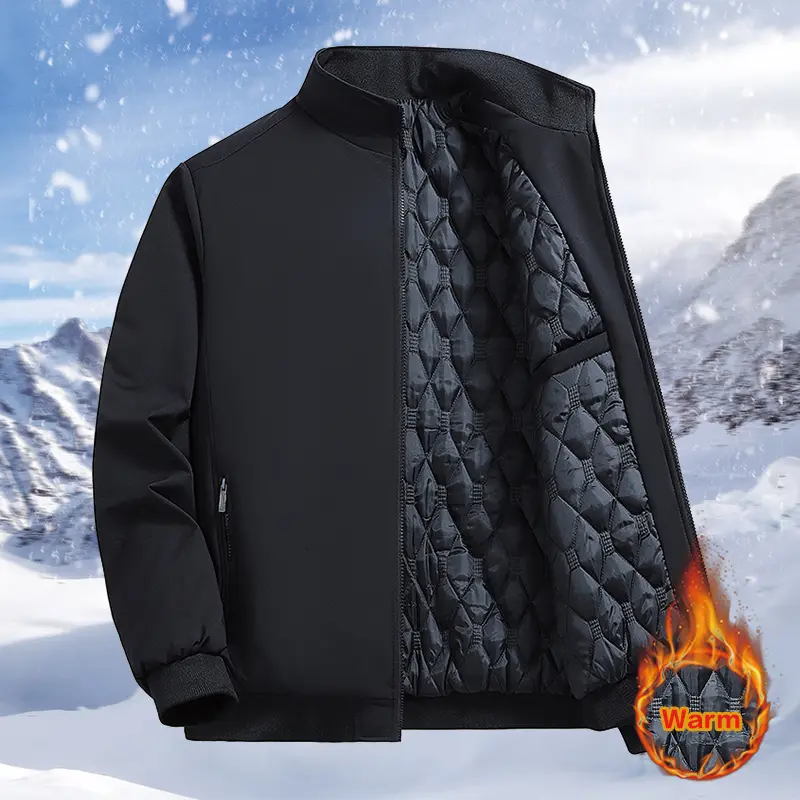 Men's Thickened Polyester Plain Winter Jacket - Windproof, Warm, Collared Neck, Long Sleeves Keep Arms Fully Covered, Simple Black Coat Fits Most Wardrobes, Daily Casual Outdoor Menswear Tops, Solid, Woven