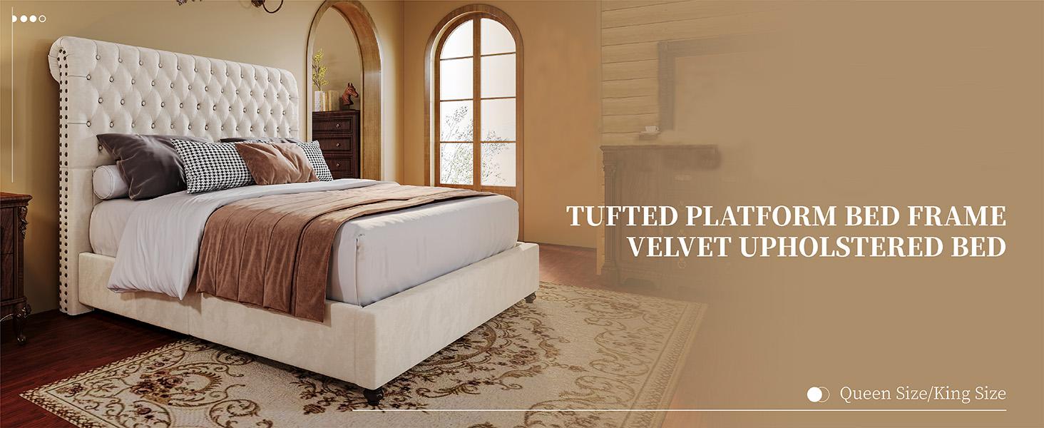 AMERLIFE 52.8" High Bed Frame with Sleigh Headboard, Modern Velvet Upholstered Platform Bed with Deep Button Tufted Headboard/Studded Trim, Queen/King Size/Unique Bedroom Furniture/Best Gift Ideas/Christmas Gifts