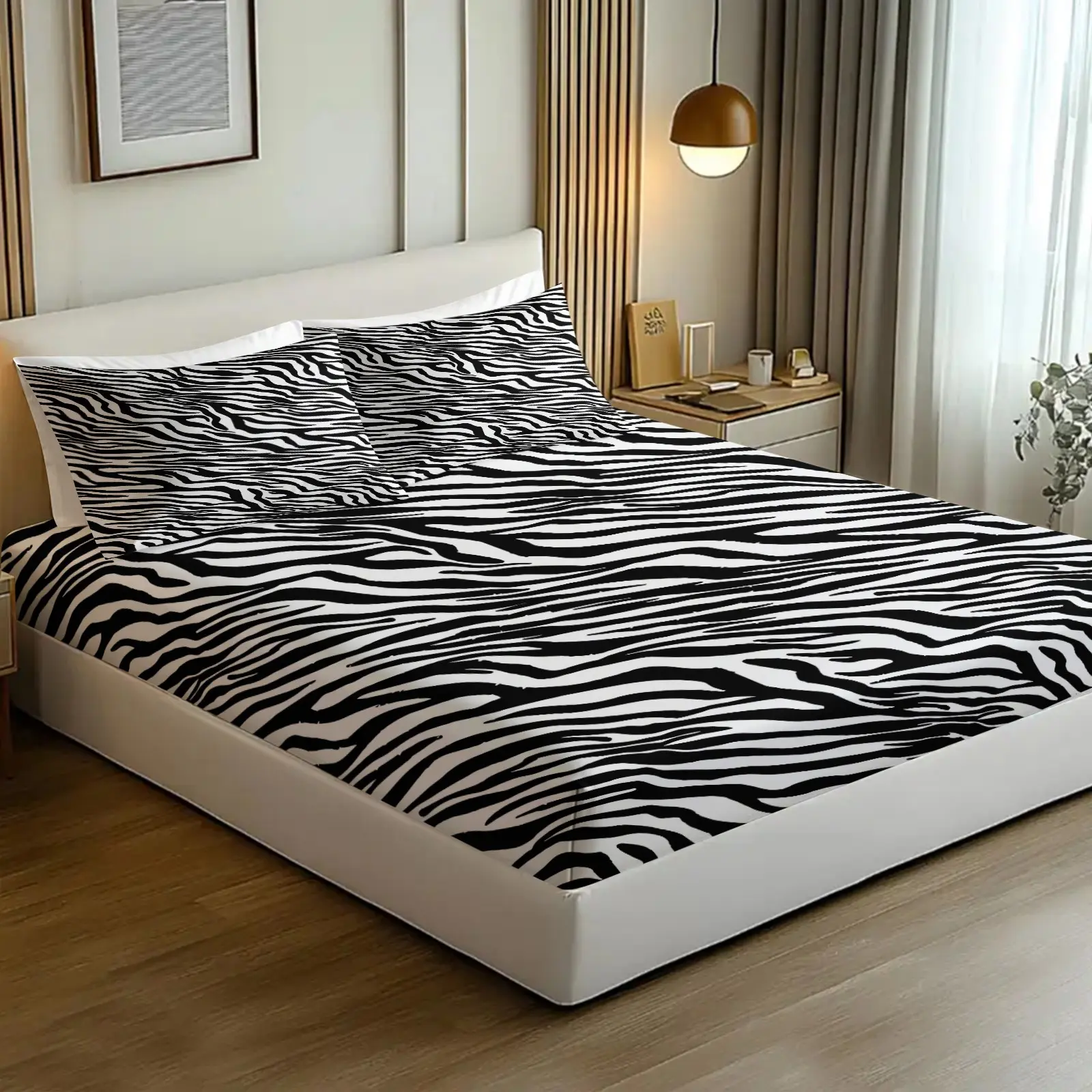 3-Piece Zebra Pattern Theme Decorative Bedding Set, Fashionable and Wild Charm Fitted Sheet Set, Bed Sheets, Suitable for People Who Like Trendy Elements and Pursuit of Personalized Home Style, Includes 1 Fitted Sheet and 2 Pillowcases