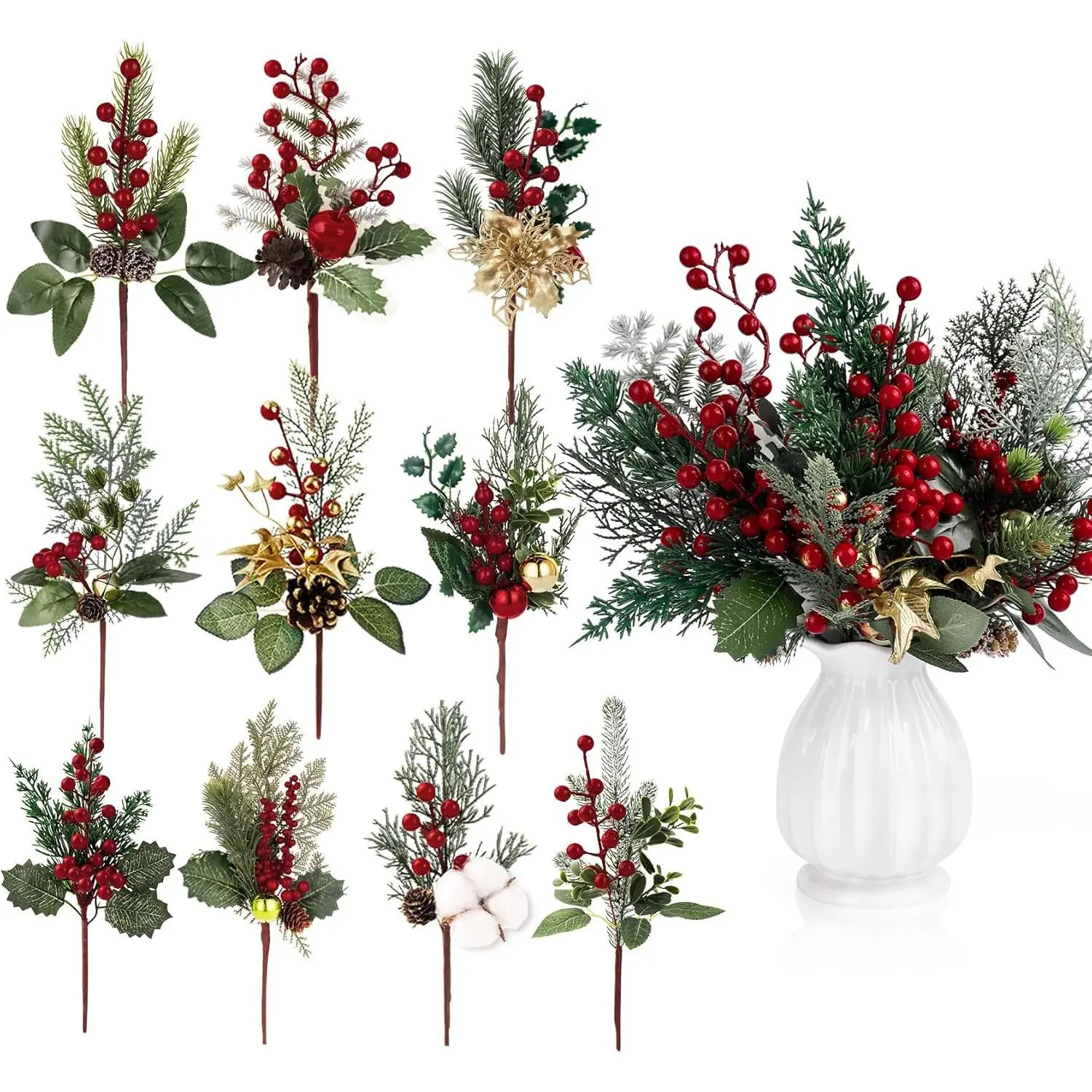 Artificial Pine Christmas Picks with Berries for Tree and Wreath