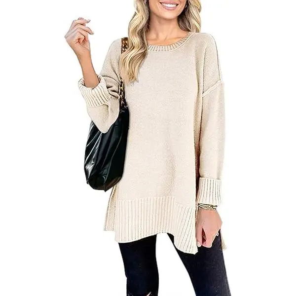 MEROKEETY Women's 2025 Fall Winter Oversized Pullover Sweater Casual Loose Crew Neck Long Sleeve Side Split Jumper Tops