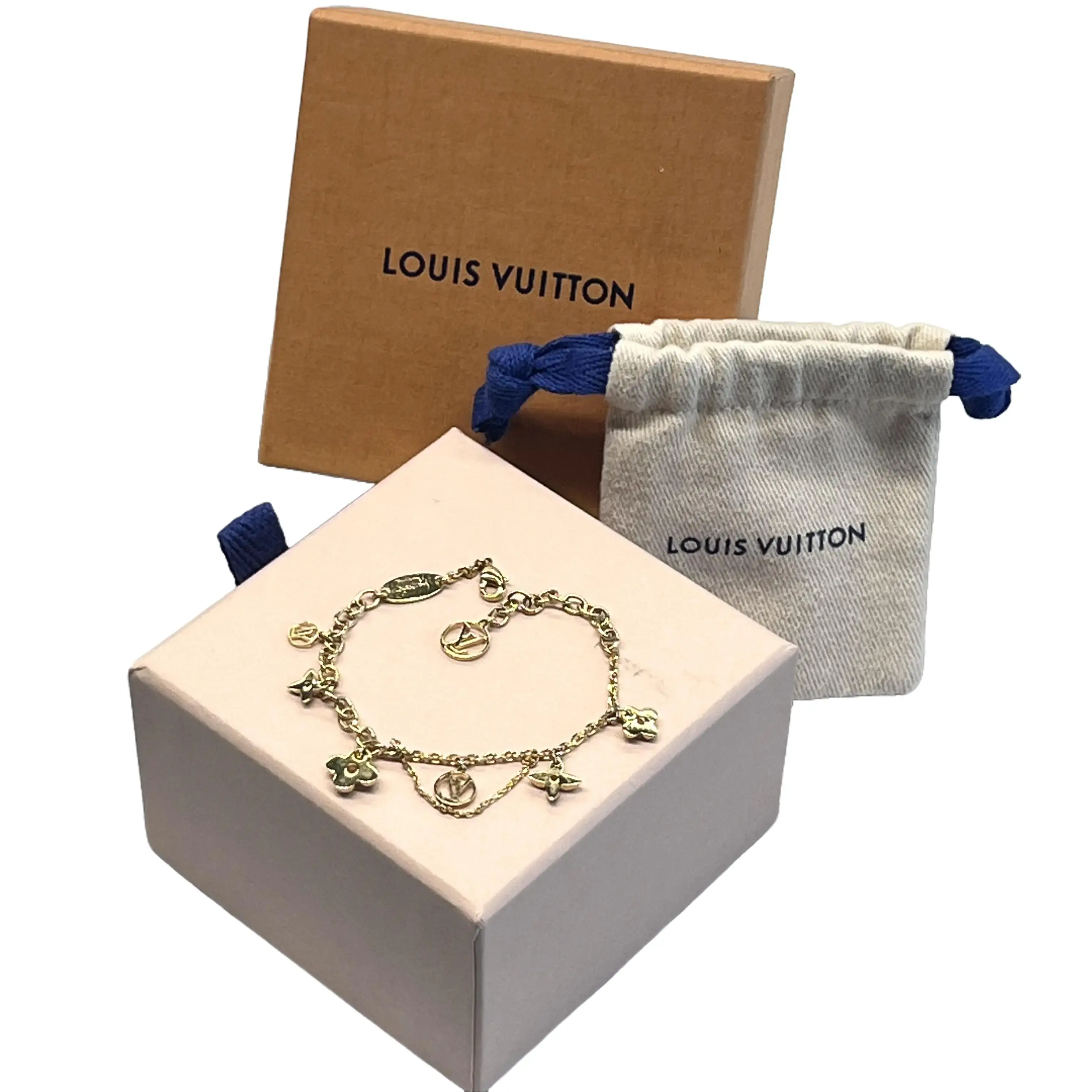 Pre-owned H1 Louis Vuitton Blooming Rhinestones Four Leaf Clover Floral Classic Vintage Gold Bracelet vvvvv