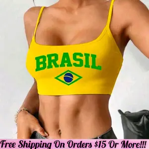 Brasil Women's Yellow, Green, & Black Over-Cut Tank Top with Green 'BRASIL' Print and Flag Design Sleeveless Womenswear