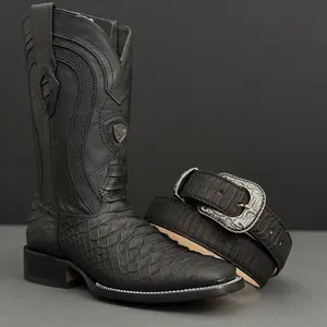 080 Faux Embossed Print Cowhide Western Rodeo Boots & Belt Combo Leather Sole Made in Mexico Botas Vaqueras