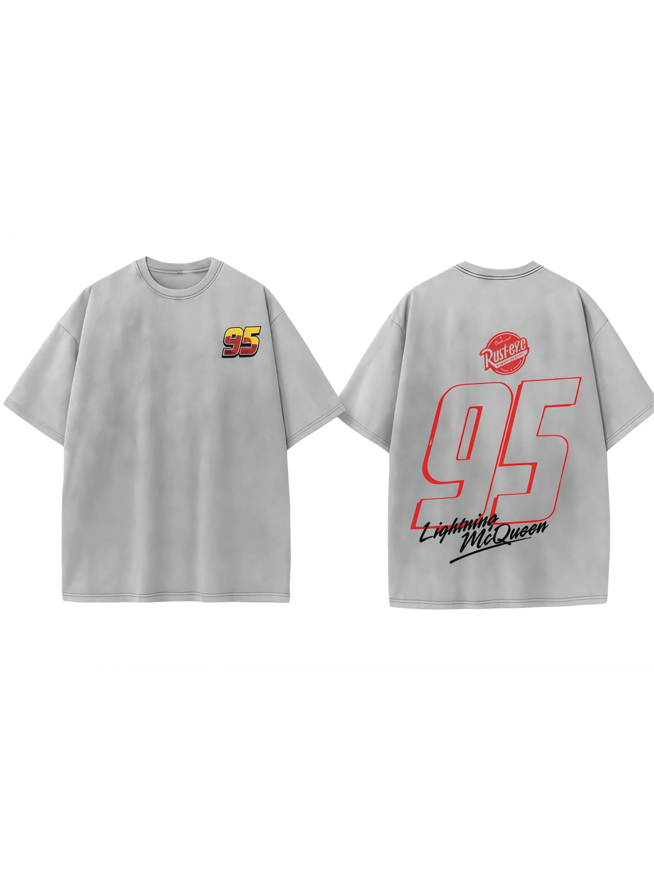 Men's Vintage Acid Wash Oversized Heavyweight Cotton T-Shirt, Double-Sided Graphic Crewneck Short-Sleeve Top, Lightning McQueen 95 Rust-eze Retro Race Number Print Unisex Gift for Car Movie & Racing Fans Menswear Streetwear r casual graphic t-shirt