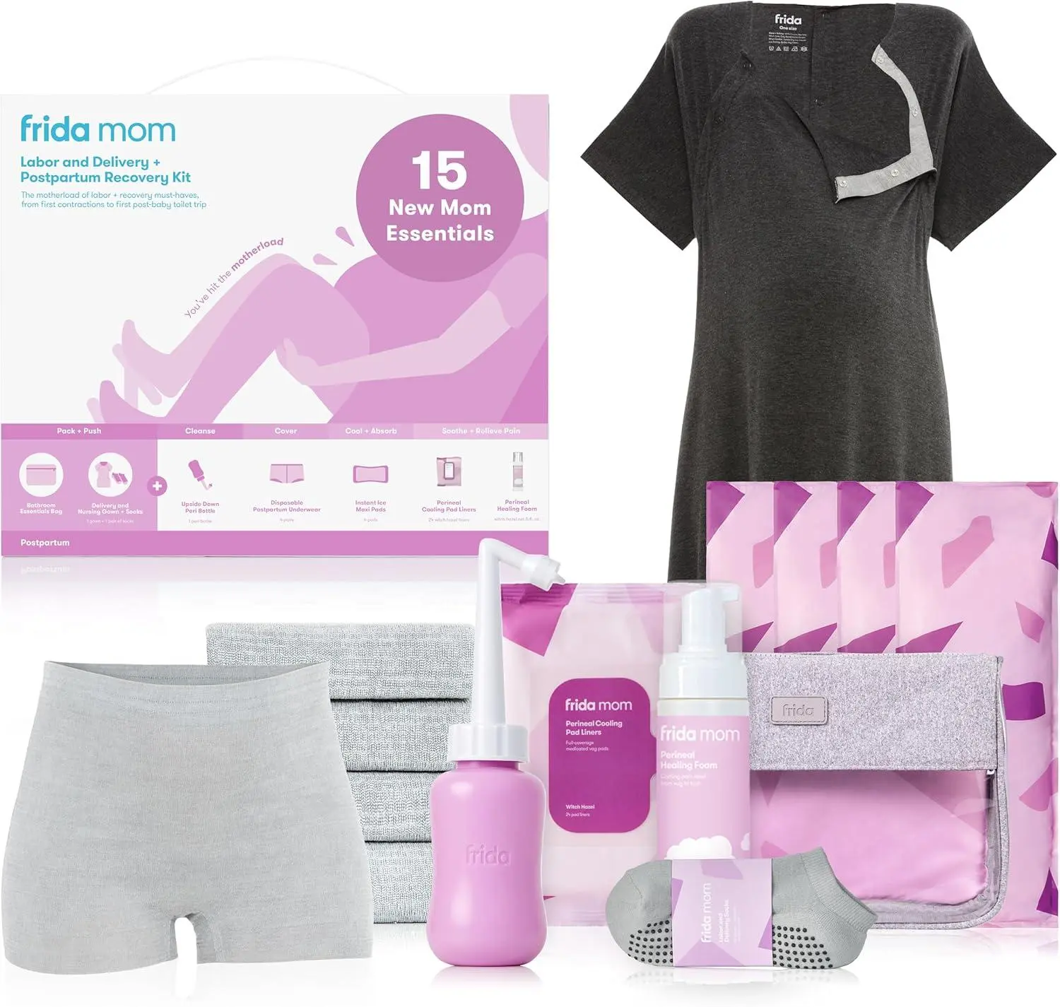 Frida Mom 15Pc Labor & Postpartum Kit Gift Set for Baby Showers & Mom to Be, Includes Peri Bottle, Nursing Gown, Disposable Underwear, Ice Maxi Pads, Pad Liners, Perineal Foam, Socks & Toiletry Bag