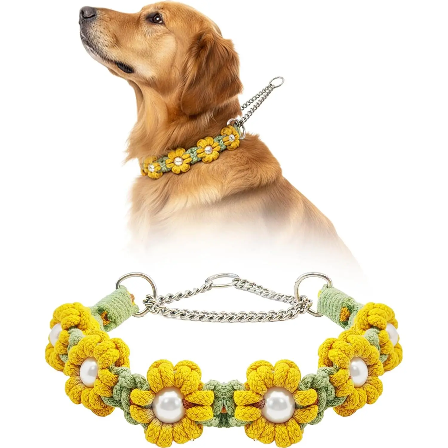Hosiwei Soft Breathable Cotton Floral Pearl Dog Collar - Handmade Boho Braided, Adjustable Chain, Sliding Ring Decorative Pet Accessory for Daily Wear & Parties, Bohemian Style