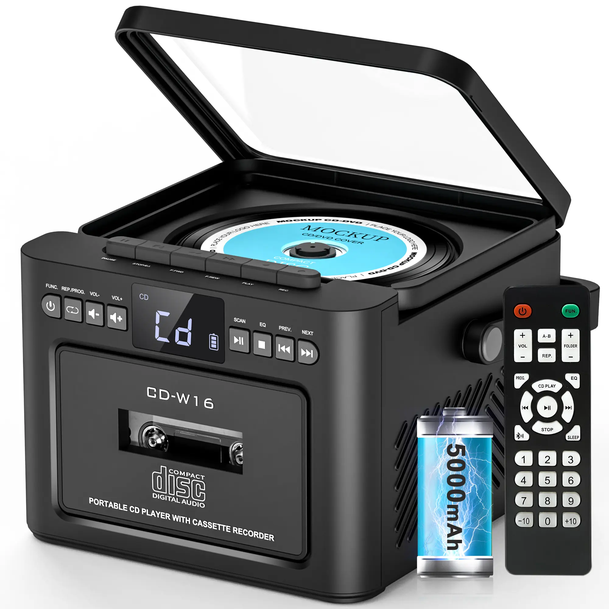 Greadio Compact 9-in-1 Rechargeable CD Player Boombox - Mini Portable ABS Surround Sound Stereo System with Cassette, Bluetooth, FM Radio, USB/TF/AUX, 5000mAh Battery, Remote Control, LED Screen for Parents, Home & Outdoor Use, Audio Sound System