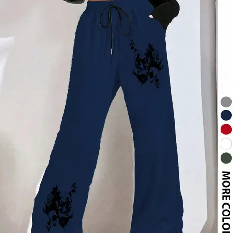 Women's Casual Loose-Fit Long Pants, Skull Poker Graphic Print Drawstring Wide Leg Sweatpants, All-Season Fashionable Ladies' Clothing, Casual Wear Bottoms