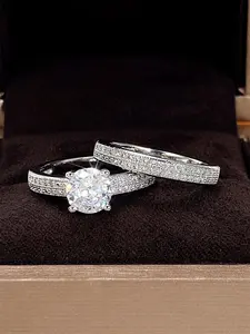 2 Pcs/set Simple Cubic Zirconia Stackable Engagement Ring For Women, For Valentine's Day Gift Wedding Anniversary Party Jewelry