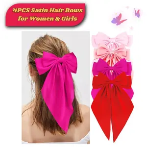 CHRISTMAS GIFT 4PCS Large Silky Satin Hair Bows Set – Coquette Style Oversized Bow Clips with Long Tails | Big Ribbon Barrettes for Women, Girls,