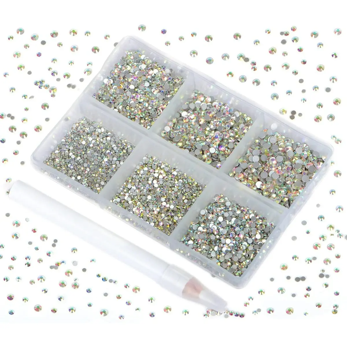 7200 Pieces 6 Mixed Sizes Glue Fix Rhinestones, Round Crystal Gems Flatback for DIY Jewelry, Includes Picking Pen, Crystal Ab Color, Nail Rhinestones Charms, Rhinestone Nails, Nail Decoration Supplies, Nail Art Accessories, Nail Art Products