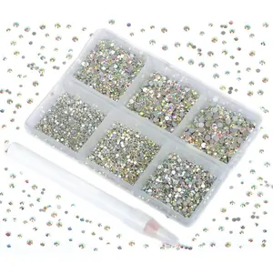 7200 Pieces 6 Mixed Sizes Glue Fix Rhinestones, Round Crystal Gems Flatback for DIY Jewelry, Includes Picking Pen, Crystal Ab Color, Nail Rhinestones Charms, Rhinestone Nails, Nail Decoration Supplies