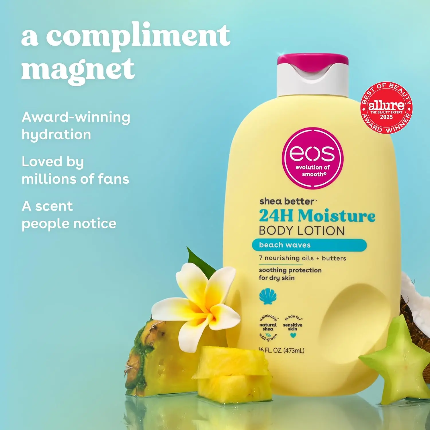 [Best-selling product] eos Shea Better Beach Waves Body Lotion, 24-Hour Moisture, Lightweight & Non-Greasy, Natural Shea Butter, Vegan, Beachy Coconut Scent, 16 fl oz for Dry Skin