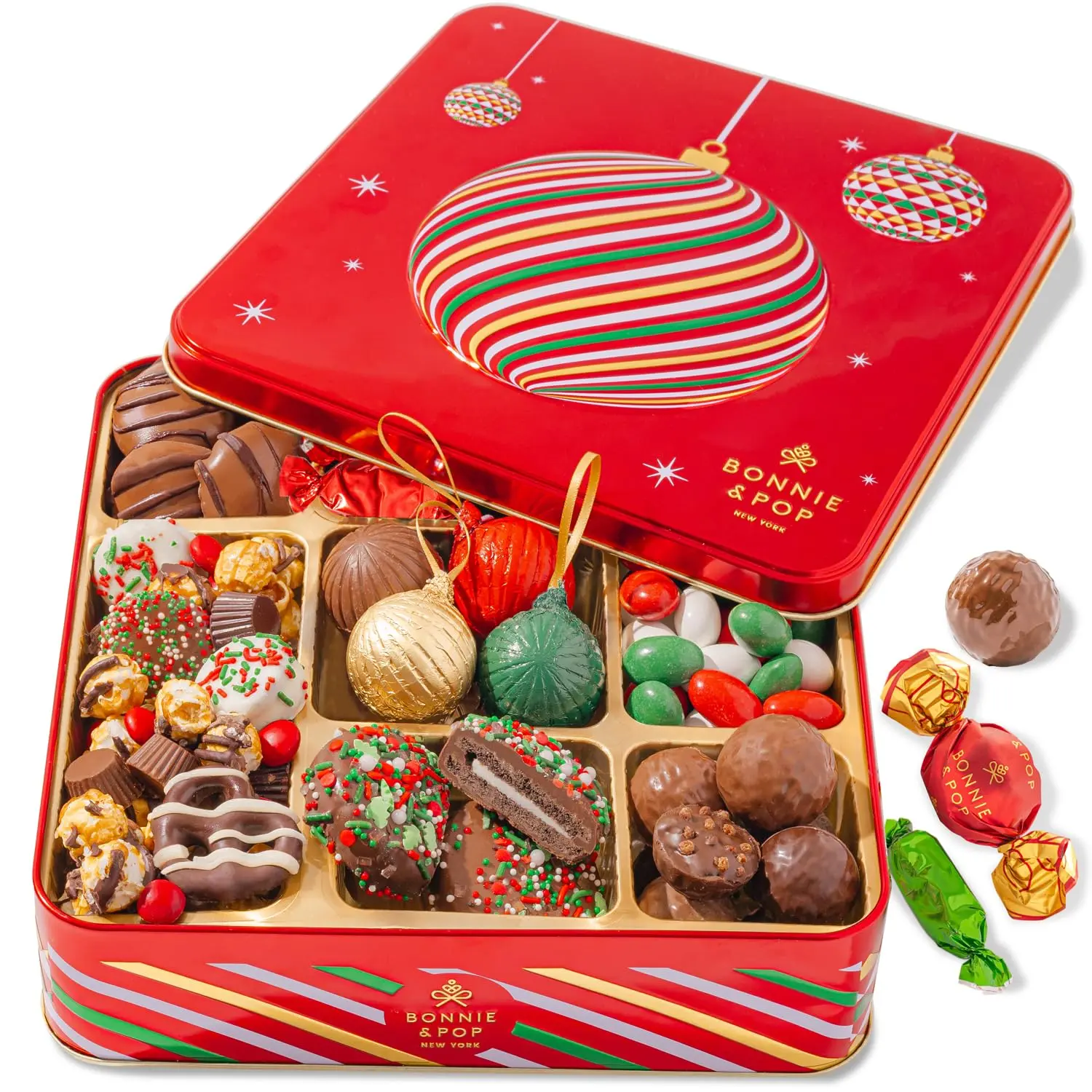 NEW!!! Christmas Chocolate Gift Basket– Holiday Ornament Gift Box with Assorted Christmas Candy – Holiday Food Gift Idea for Men, Women, Family, Corporate- Bonnie & Pop