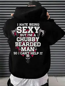 Men's Skull Design Graphic Hoodie with Letter Print, Drawstring Hoodie, Long Sleeve Casual Hooded Sweatshirt, Perfect Gift for Friends, Daily Wear & Outdoor Activities, Letter Pattern Hoodies