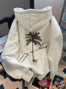 Women's Dropped Shoulder Long Sleeve Hoodie with Graphic Letter, Tropical and Palm Tree Print, Casual Loose-Fitting Drawstring Pocket Sweatshirt for Fall & Winter, Loose Hooded Sweatshirt, Womenswear