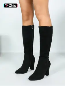 Women's Fashionable Solid Color Pointed Toe Boots, 2024 New Style Elegant Zipper Design Boots for Daily Wear, Female All-match Trend Shoes for Fall & Winter, Winter Warm Boots