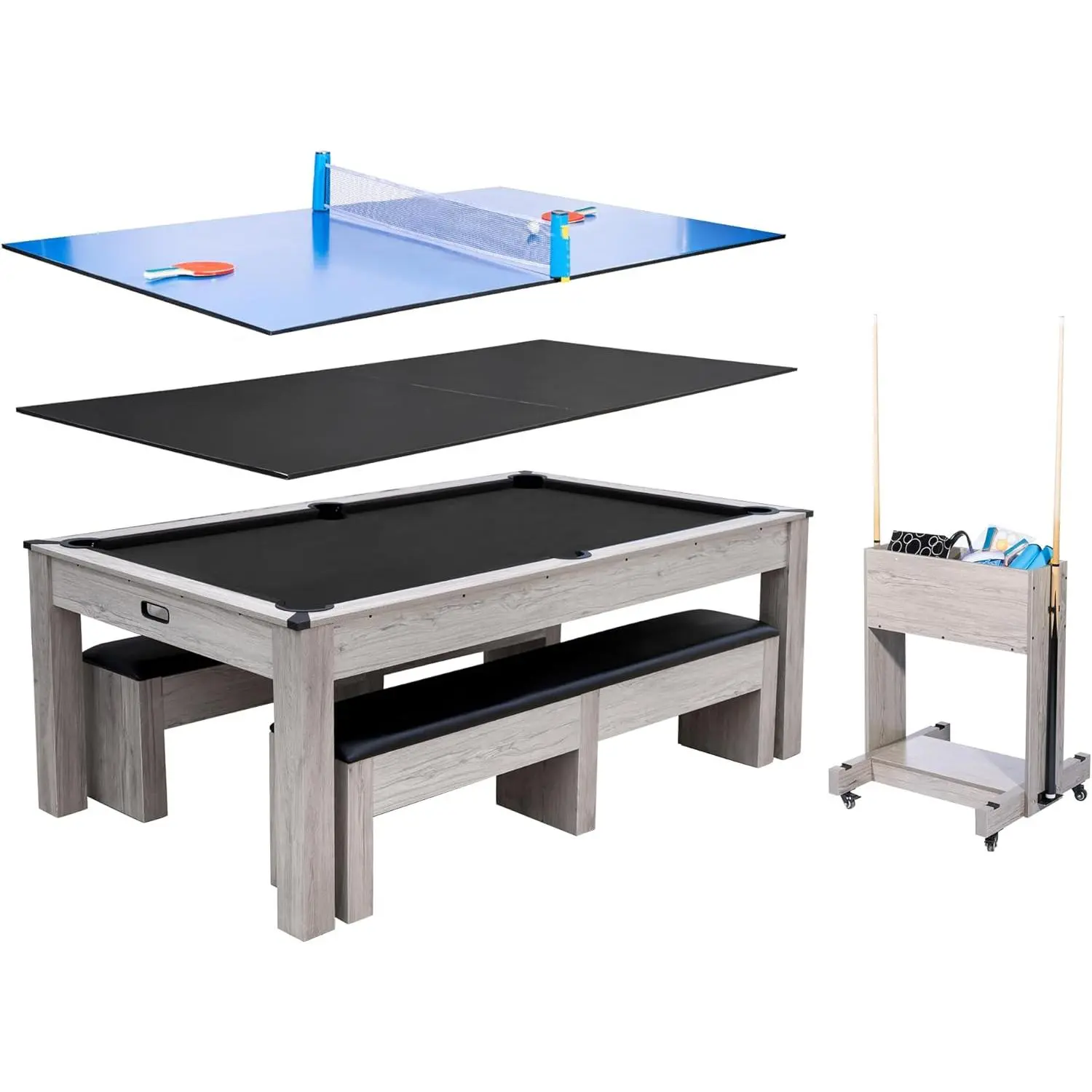 GARVEE Black,7FT 3-in-1 Pool Table with Dining Top & Table Tennis | Billiard Table Set with Accessories (Balls, Cues, Ping Pong) | HDF Wood Grain Finish | Includes Rolling Storage Caddy