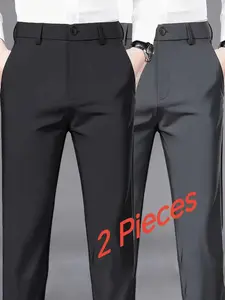 Men's New Loose Straight Leg Elastic Plain Formal Pants, Suit Pants, Formal Wear, Anti-Wrinkle Comfortable Business Casual Trousers for All Seasons