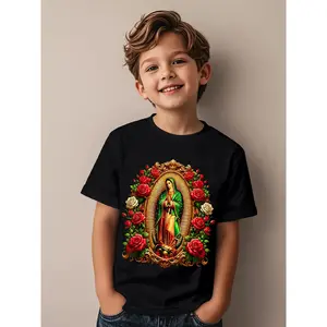 Virgen De Guadalupe & Our Lady of Guadalupe Graphic T-Shirt - Christian Religious Apparel with Golden Halo & Spanish Inscriptions, Soft Breathable Short Sleeve Round Neck Casual Casual Attire, Mexican Catholic Icon Design for Boys & Girls