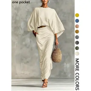Women's Stylish Loose-Fitting Casual Two-Piece Set, Spring & Fall Comfortable Long Skirt with Waist Definition and Pocket one pocket..