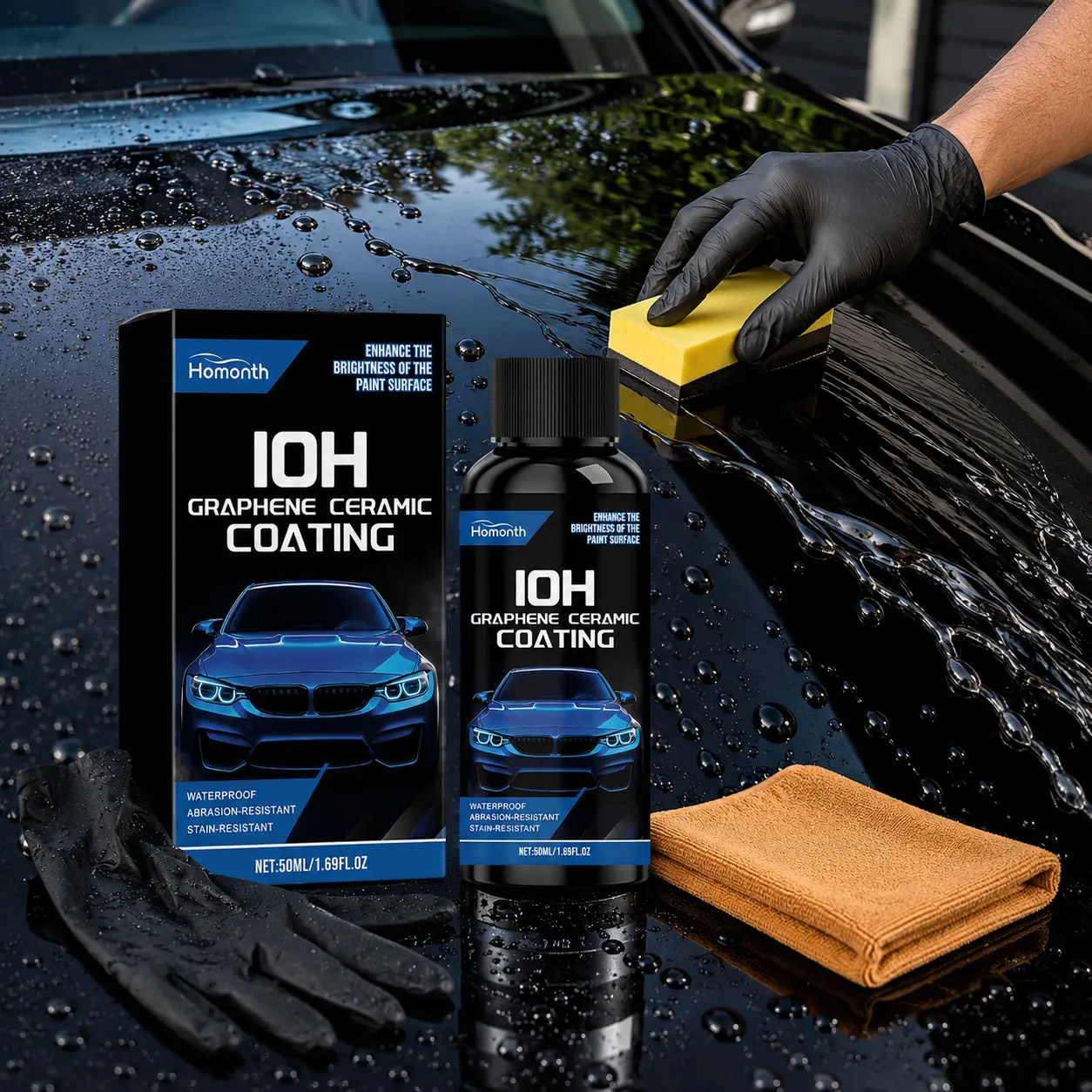 Graphene Ceramic Coating Spray Kit with Towels Gloves Sponges Detailer Paint Polish Car Surface Cleaner Highly Protective Polishable Hydrophobic Fast Nano for  Enhanced Gloss & UV Protection