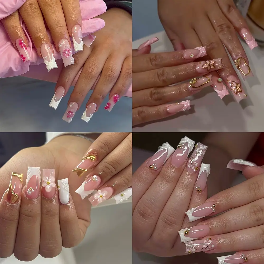 96pcs Box Medium Long Square Nails Summer Nude French Glossy Tips, 3D Gel Petal Design with Pearls, Acrylic False Nails for Women Girls, Glossy Fake Nails, Nail Art