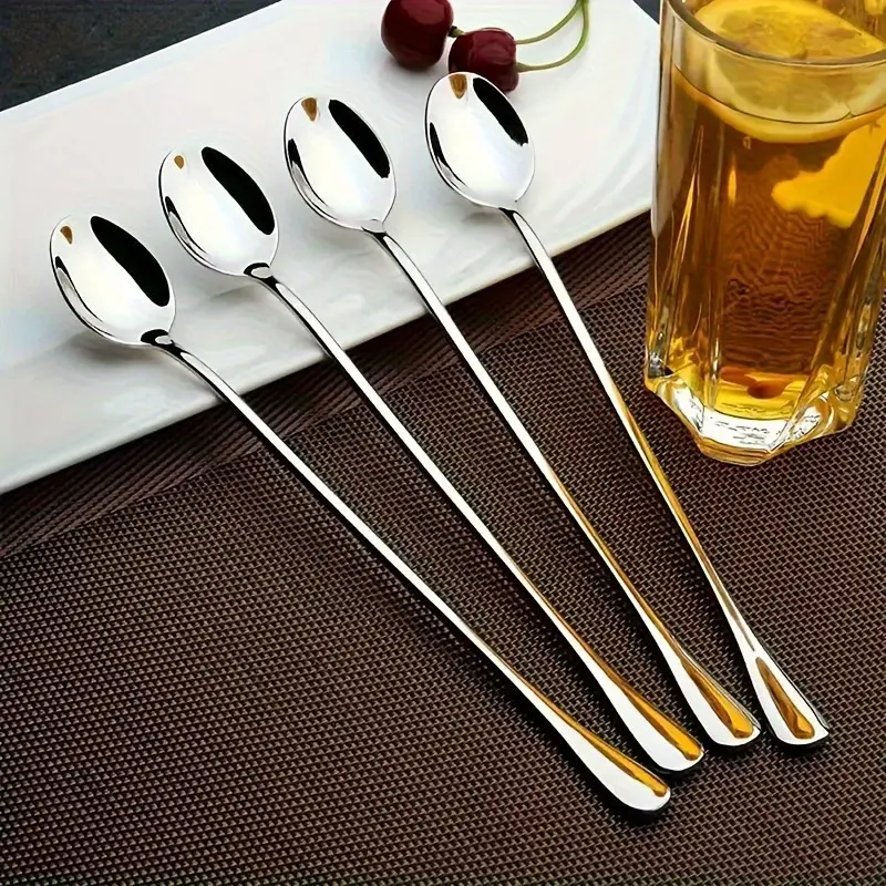 4 Pieces Stainless Steel Long Handle Spoon, Iced Tea Spoon, Coffee Spoon, Ice Cream Stirring Spoon, Dishwasher Safe, Kitchen Accessories, Flatware Set kitchen utensil gadget
