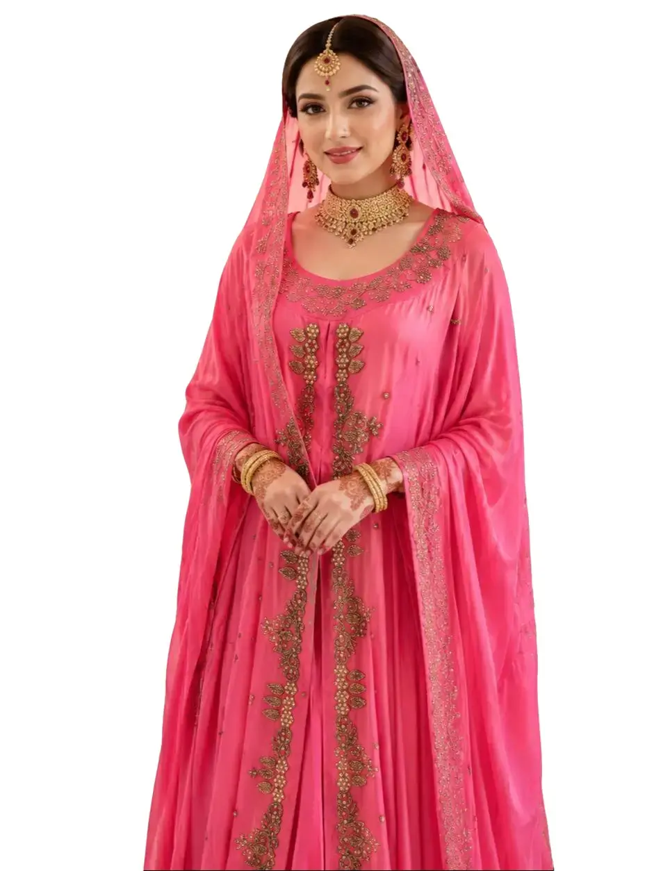 Women's Modest Luxury Bridal Abaya Maxi Dress Set with Matching Hijab - Hot Pink, Long Sleeve, Scoop Neck, Loose, Intricate Gold Embroidery, Zardozi Detailing, Year-Round Wear, Hand Wash Only, Islamic Wedding Gown