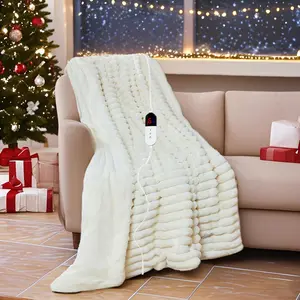 Heated Electric Blanket Throw: 6-Level  Heating, 4-Hour Auto-Off, Soft&Warm Stripe Faux  , for Couch  Officewith Overheating Protection & ETL Certified(50 x 60,Milky White)