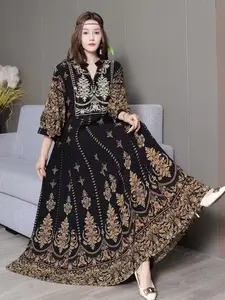 Bohemian Ethnic Embroidered Dress for Women, Vintage Belted Lantern Sleeve, All over Print, Long Loose-Fitting, Travel Holiday Dress