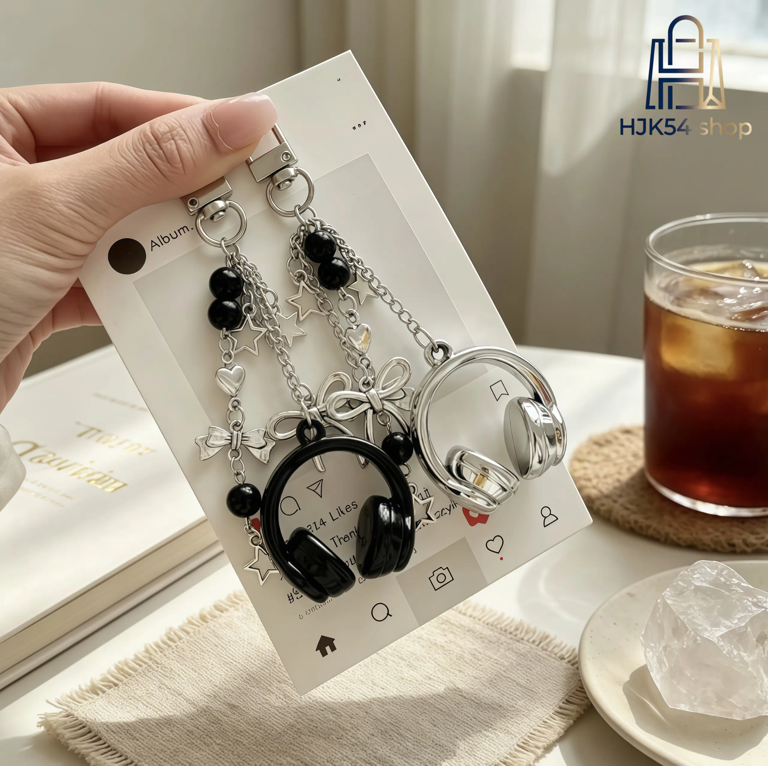 2PCS Y2K Mini Headphone Charm Keychain, Silver Bow Star Heart Bead Chain Bag Charms, Aesthetic Cute Backpack Pendant Accessory for Music Lovers & Daily Decor