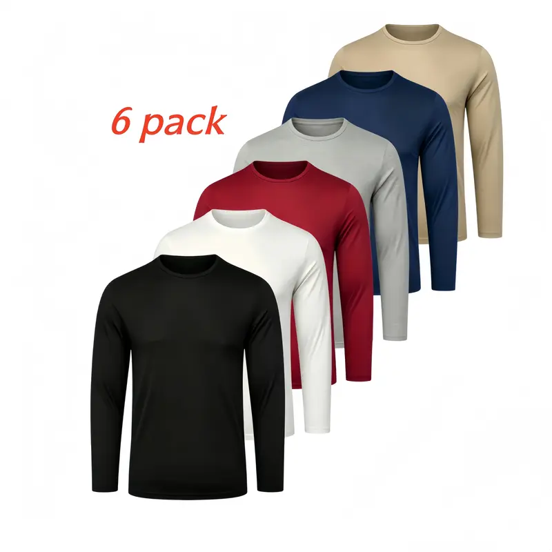 6 Pack Men's Athletic crew neck long sleeve fishing shirts for men sun protection shirts lightweight rash guards workout tops gym outfits gym fits workout clothes men,back to school,back to school shopping Sports Menswear