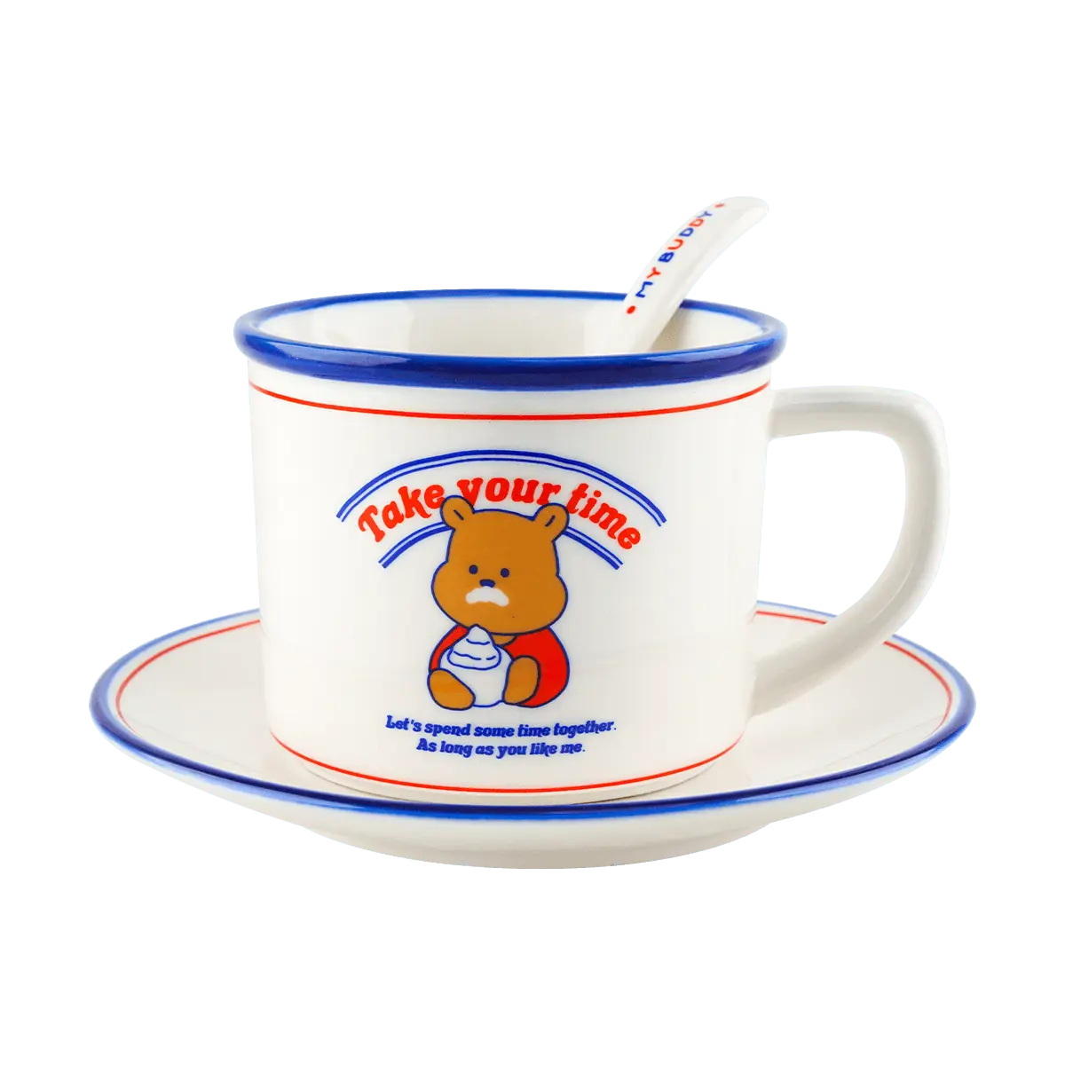 DAILYLIKE Korean Bear Coffee Mug Cup and Saucer Set with Spoon, 350ml Afternoon Tea Cup