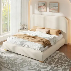 AMERLIFE Cloud Bed Frame, 7.1" Thick Curved Headboard, Soft Rounded Corners Kid & Pet Safe Design, Modern Upholstered Platform Bed, No Box Spring Needed
