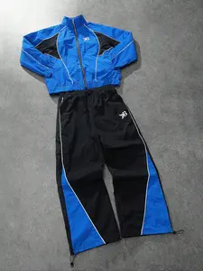 Men's two-piece tracksuit, Athletic tracksuit set, Sports Set, includes a turtleneck jacket and sweatpants, featuring blue and black color-block design with sheen, suitable for outdoor activities, casual wear