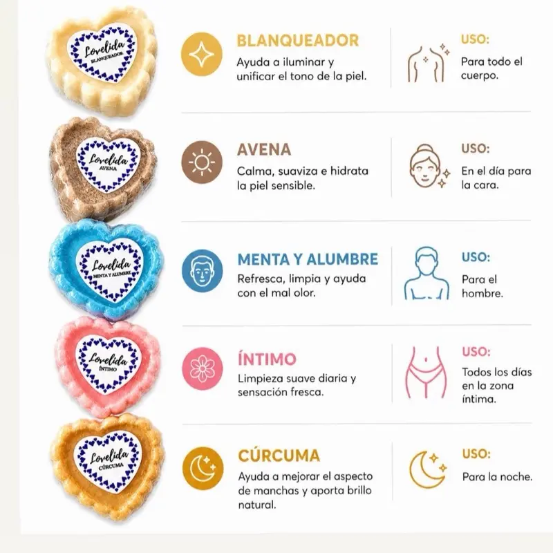 Mixed Five-Soap Kit for Body, Face, and Intimate Care with Blanqueador, Avena, Menta y Alumbre, Íntimo, and Cúrcuma Soaps