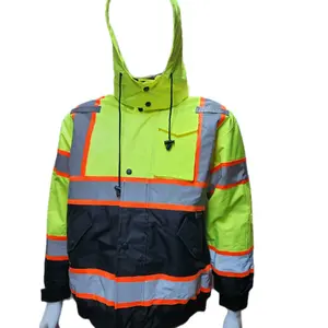 High Visibility Water Resistant Yellow Bomber Safety Jacket with Hoodie / Yellow Reflective Safety Sherpa Insulated Jacket