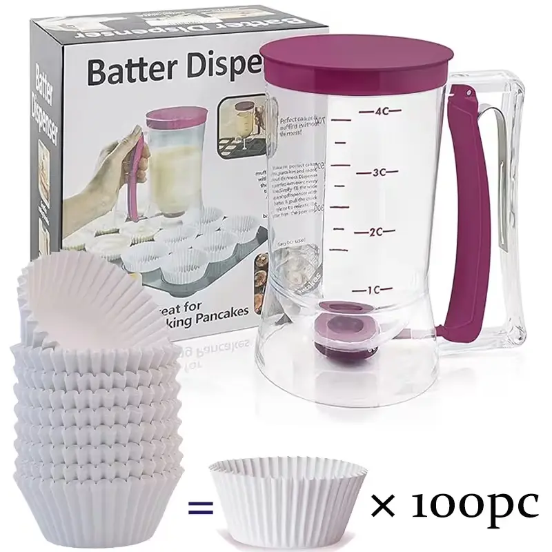 Pancake Batter Dispenser With 100 Count White Cupcake Liners Grease-Proof Baking Cups Paper, Pastry Butter Dispenser,Bakeware Maker with Measuring Label,Perfect Baking Tool for Any Baked Goods, Baking Utensils
