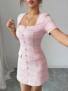 Women's Elegant Gingham Tweed Dress, 2026 New Cotton-Linen Look, Square Neck Pearl Button, Short Sleeve, Office Party Wear, Summer Fashion