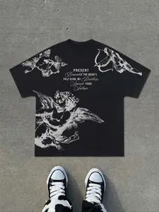 Men's Batwing Sleeve Printed T-Shirt, Angel Design, Casual American Street Style, Fitted Short Sleeve Tee for Summer, Streetwear, Menswear