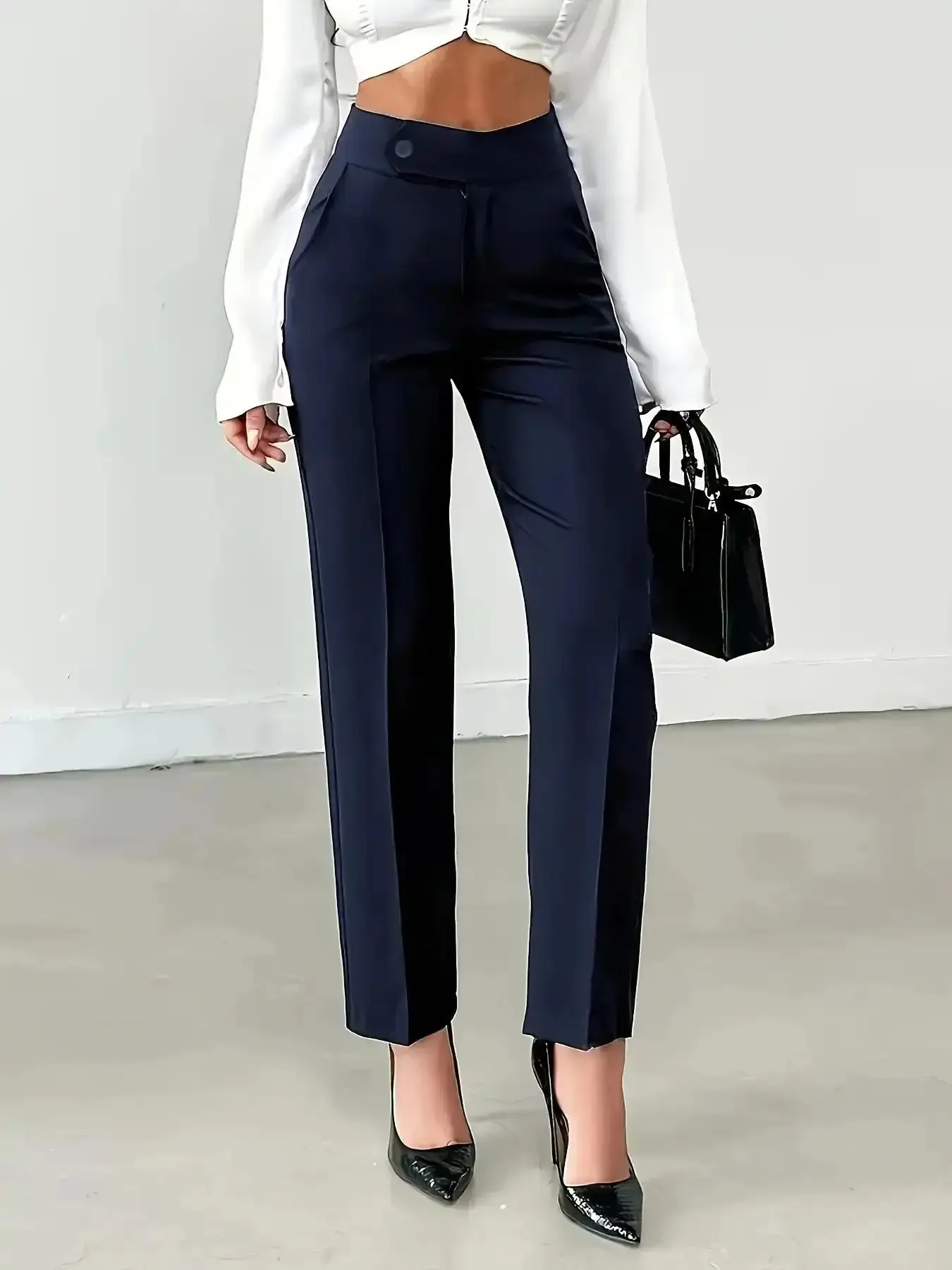 Elegant Solid Color High Waist Straight Leg Office Pants, Business Casual Fitted Trousers for Work and Daily Wear, tailored comfort, sleek line, flattering drape, versatile piece