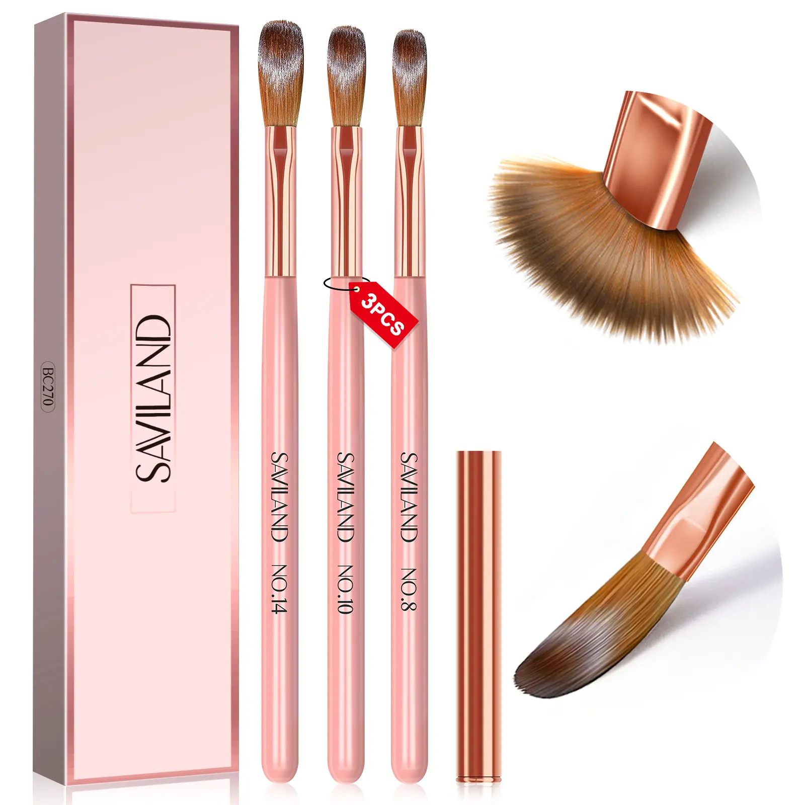 Saviland 3-Piece Acrylic Nail Brush Set: Sizes 8/10/14 Pink Handles Brush Professional for Acrylic Application Nail Extensions & 3D Carving