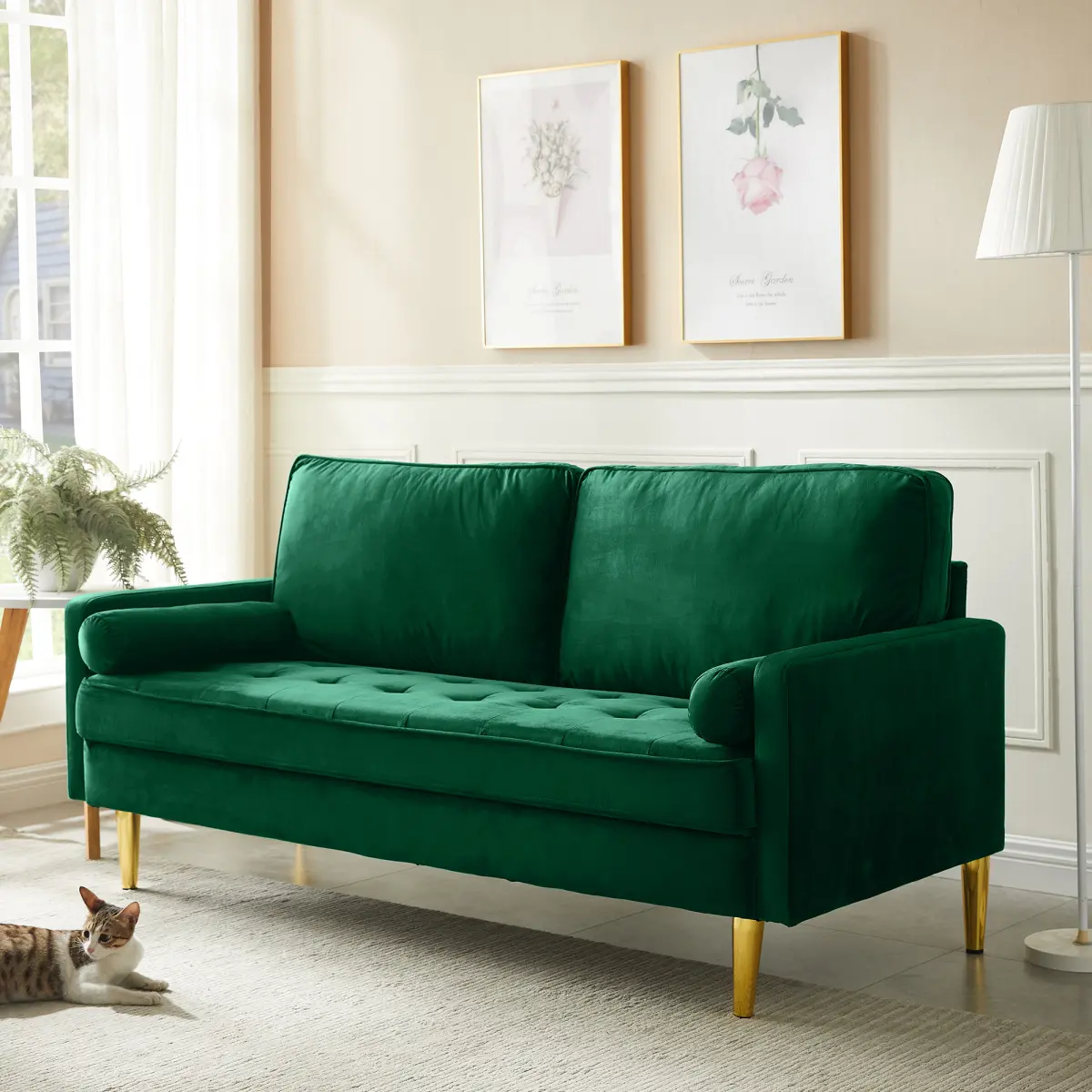 65-Inch Industrial Minimalist Thick Velvet Sofa - Sturdy Solid Pine Wood-Metal Legs, Sinuous Springs, Temperature-Resistant Design, Sponge Cushions Included, Assembly Required, Suitable for Bedroom & Various Room Types (65.00x27.50x33.00 in)