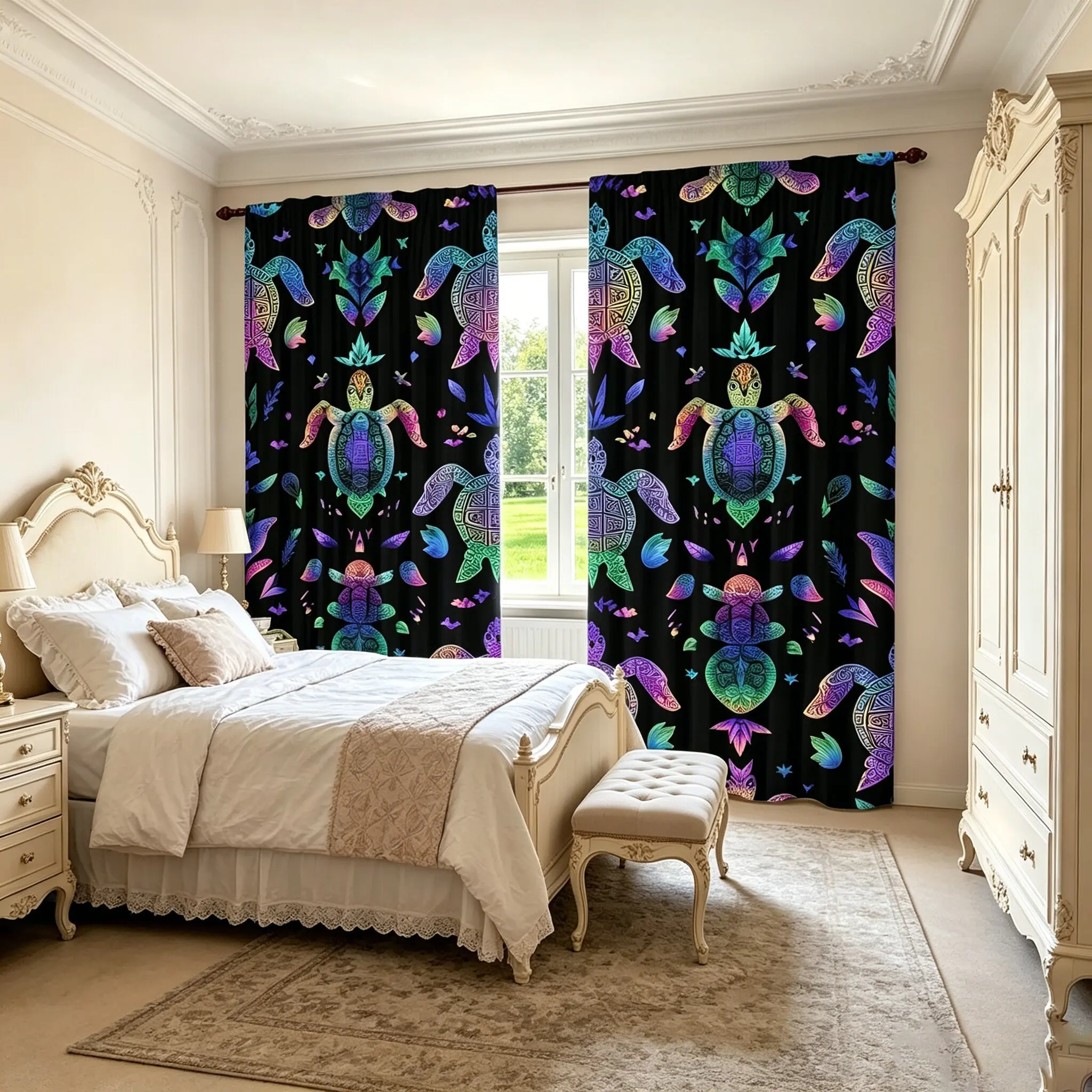Rainbow Turtle Curtain Set, Kids Boys Girls Adult Room Decor, Half-Blackout Polyester Material, Bedroom Living Room Window Decoration