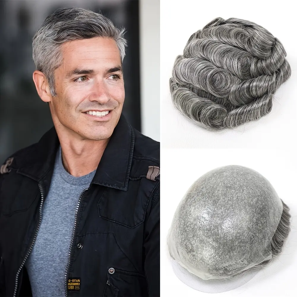Fashionable New Sleek Chic Men's 0.06-0.08mm Full PU Human Hair Toupee Wig - Single Knot Light Beige Prosthesis, 30mm Body Wave Grey Hairpiece with Natural Hairline, 8x10 Inch for All Ethnicities, Hair Replacement System| Natural Looking Hairline